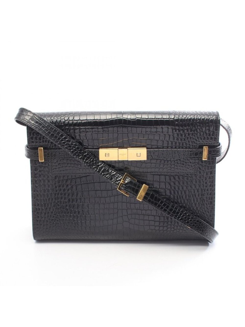 Saint Laurent Paris Shoulder Bag Manhattan Croco Embossed Black Leather